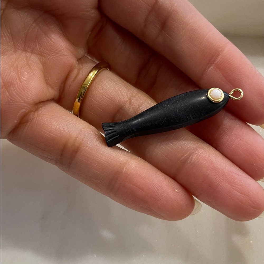 Minimalist Onyx Black Fish Pendant Charm with Pearl White Eye - Gold Tone